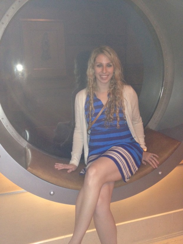 A quick photo in the beautiful big portholes before dinner.